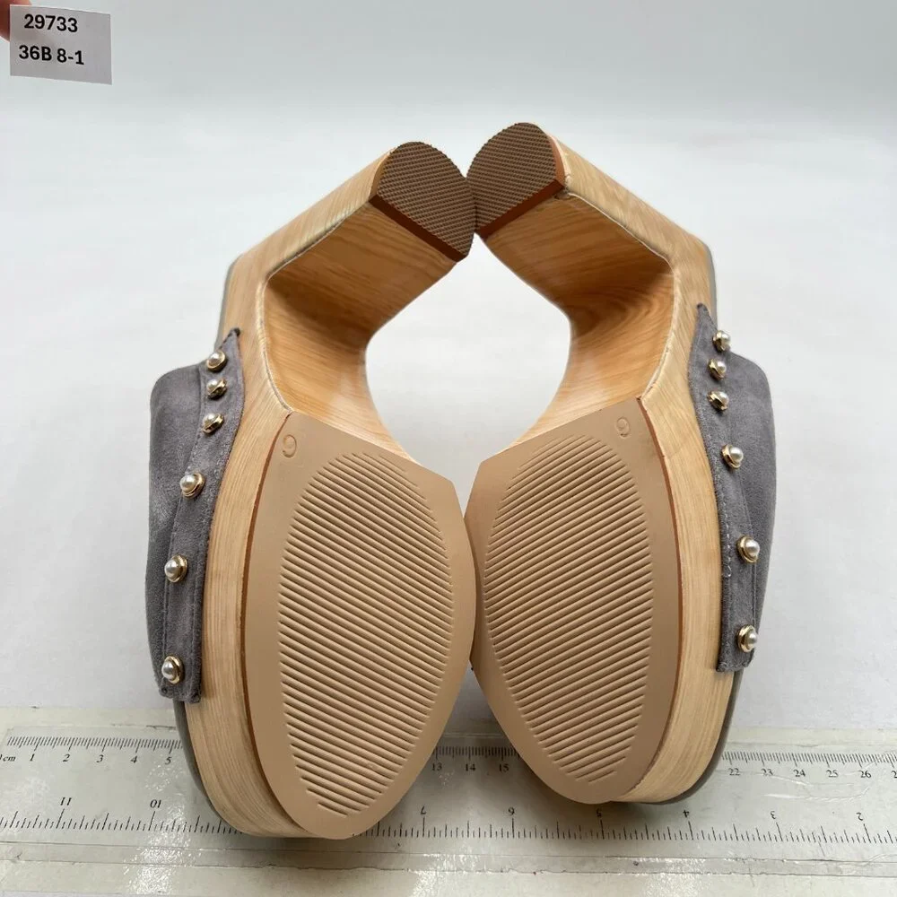 miss left Grey Platform Chunky High Heel Mules Open Toe Studded Slide Sandal